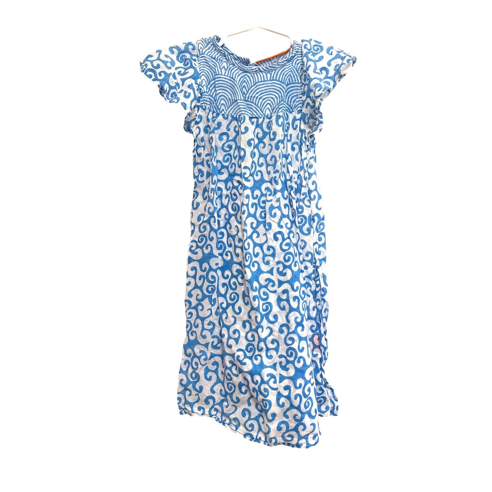 Oliphant Scroll Print Flutter Sleeve Blue White Cotton Dress Size 6